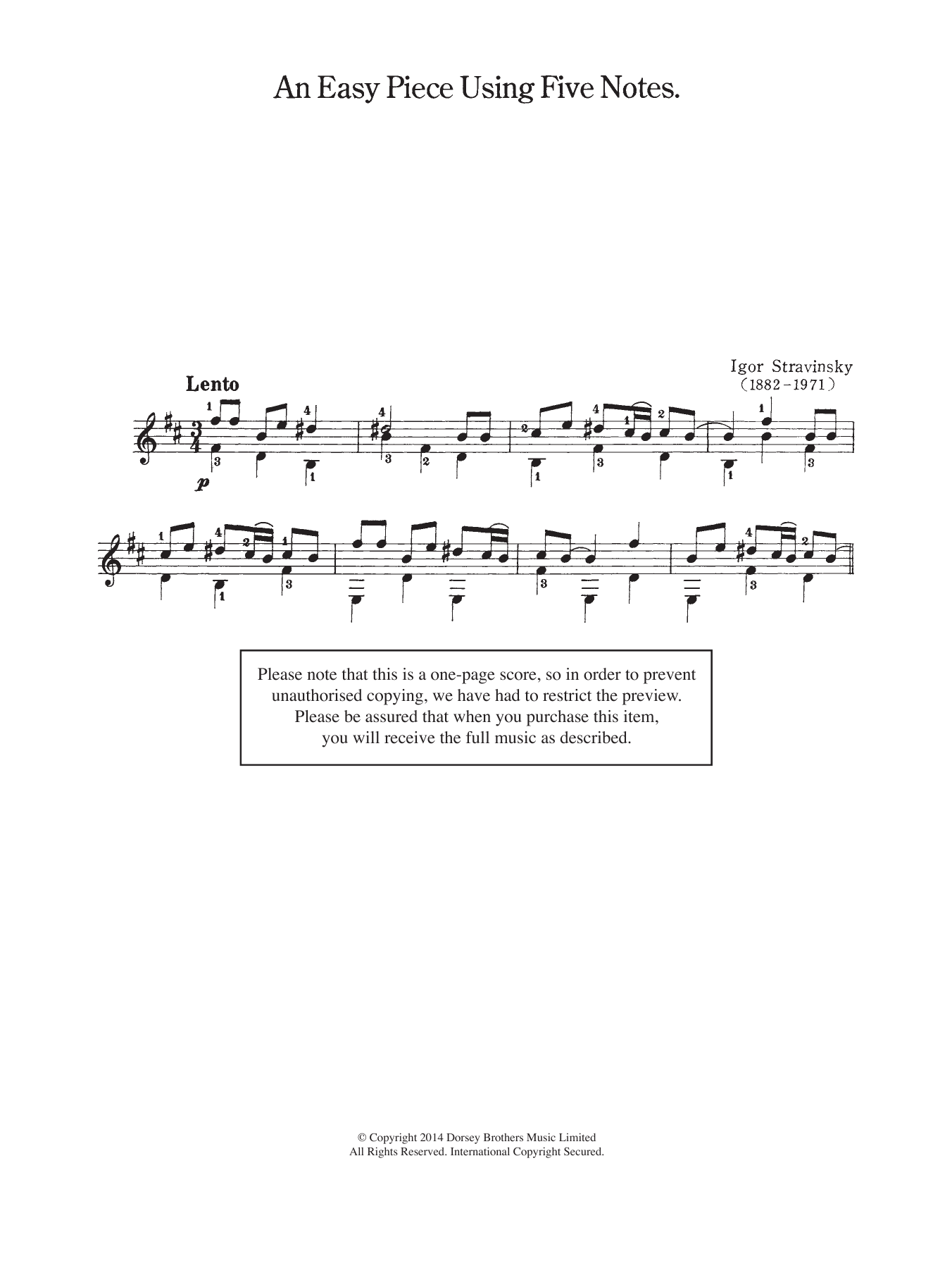 Learn to play Igor Stravinsky An Easy Piece Using Five Notes sheet music for Solo Guitar in minutes. Igor Stravinsky An Easy Piece Using Five Notes sheet music notes and chords. Download Printable PDF.