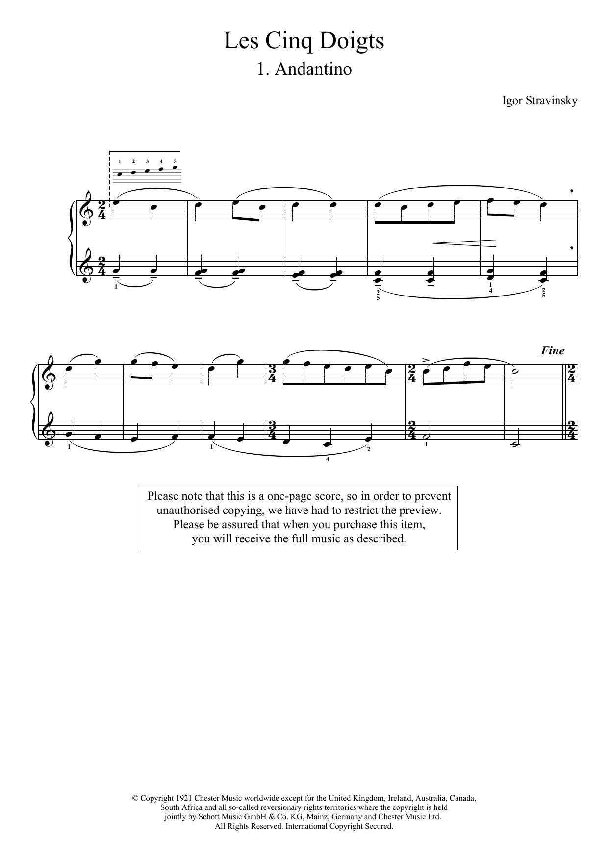 Learn to play Igor Stravinsky Andantino (No. 1 From Les Cinq Doigts) sheet music for Piano Solo in minutes. Igor Stravinsky Andantino (No. 1 From Les Cinq Doigts) sheet music notes and chords. Download Printable PDF.