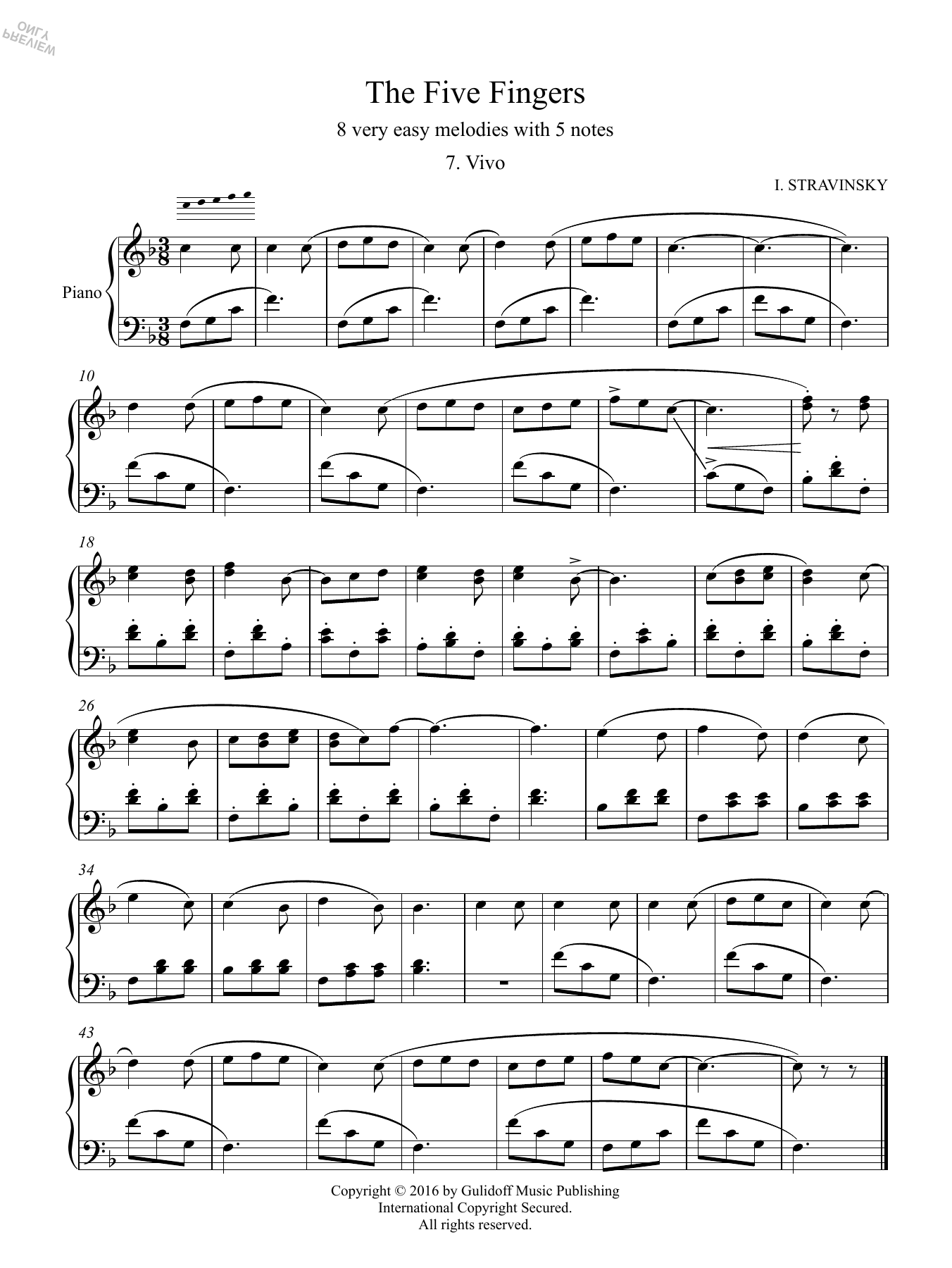 Learn to play Igor Stravinsky Five Fingers: 7. Vivo sheet music for Piano Solo in minutes. Price: 4.4900$ Igor Stravinsky Five Fingers: 7. Vivo sheet music notes and chords arranged for Piano Solo