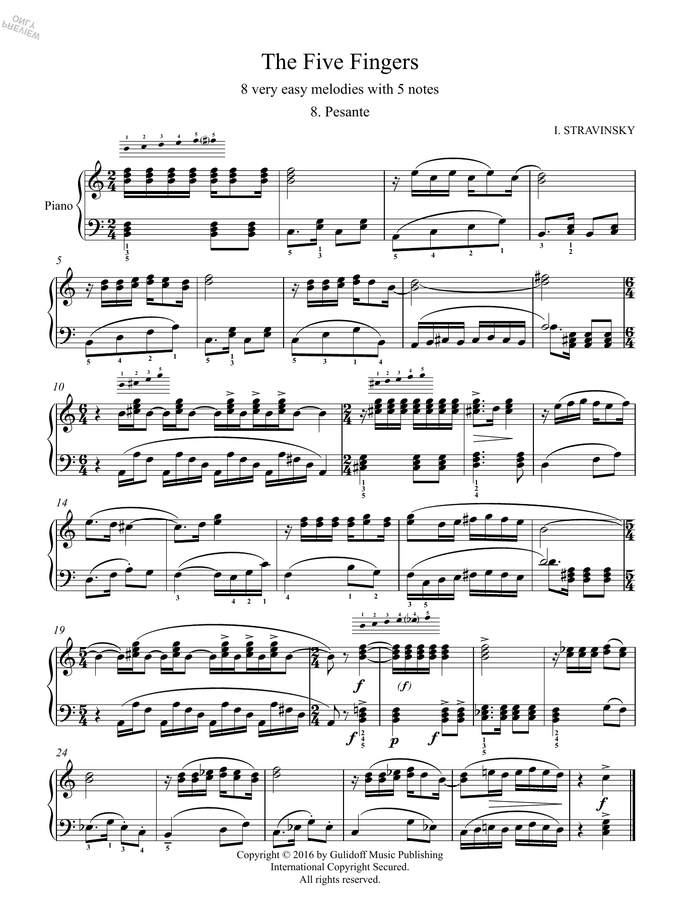 Learn to play Igor Stravinsky Five Fingers: 8. Pesante sheet music for Piano Solo in minutes. Price: 4.4900$ Igor Stravinsky Five Fingers: 8. Pesante sheet music notes and chords arranged for Piano Solo