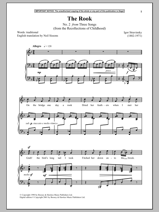 Igor Stravinsky The Rook (from The Recollections Of Childhood) sheet music notes and chords arranged for Piano & Vocal