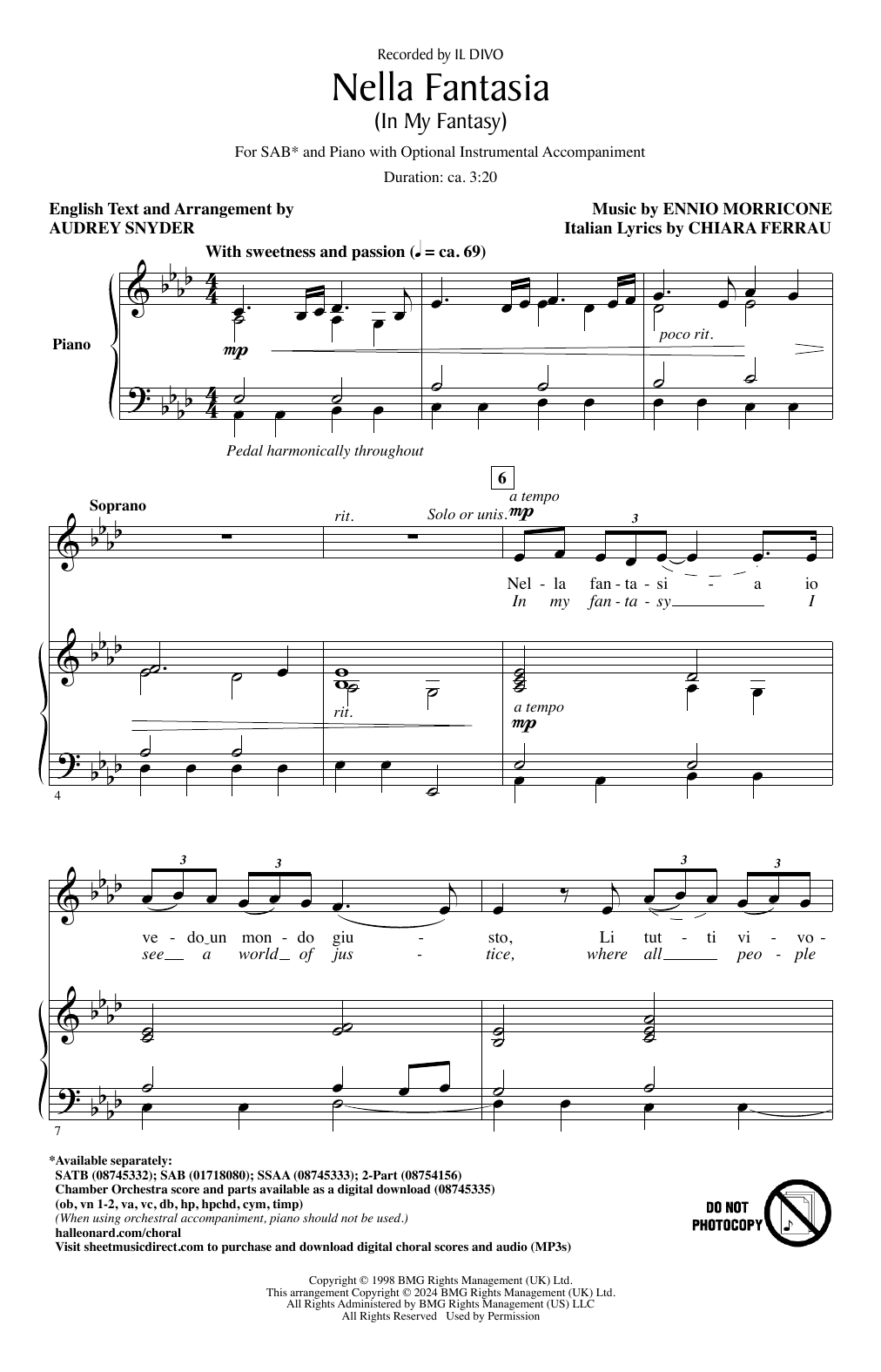 Il Divo Nella Fantasia (In My Fantasy) (arr. Audrey Snyder) sheet music notes and chords. Download Printable PDF.