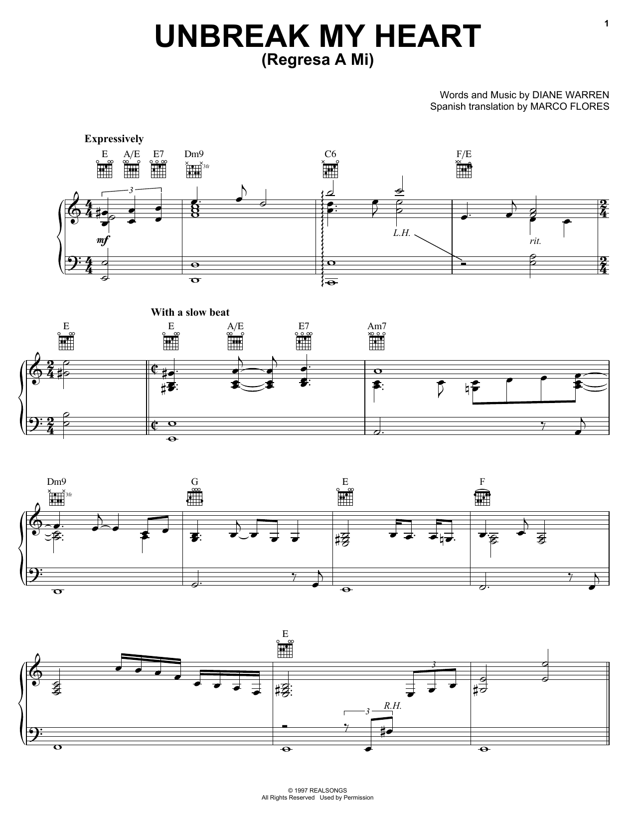 Diane Warren Un-break My Heart sheet music notes and chords. Download Printable PDF.