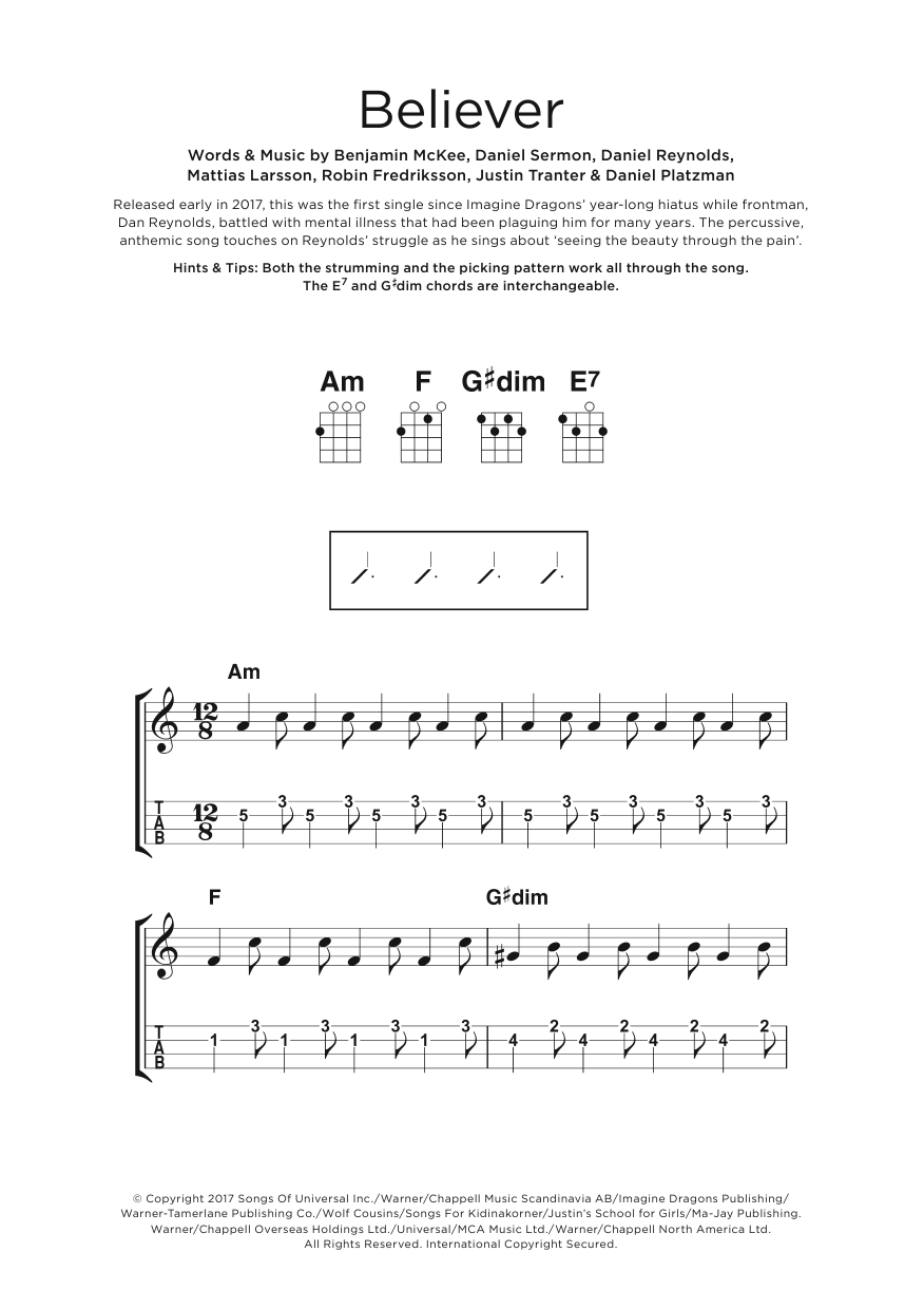 Imagine Dragons "Believer" Sheet Music & PDF Chords 7Page Very Easy