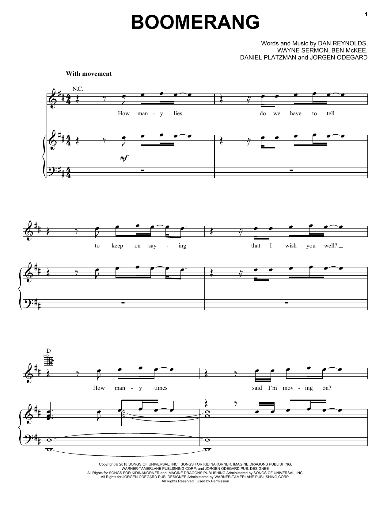 Imagine Dragons Boomerang sheet music notes and chords. Download Printable PDF.