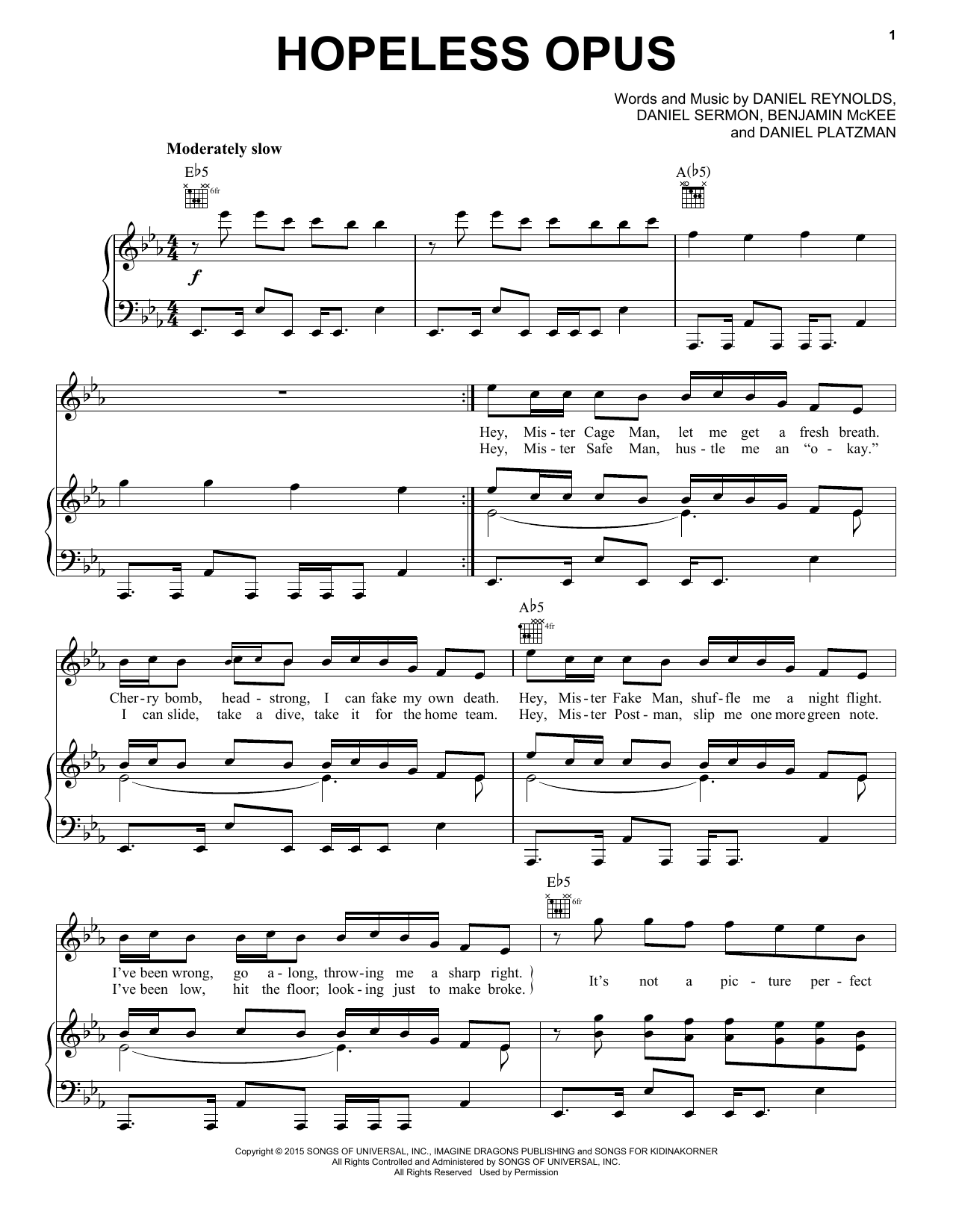 Imagine Dragons Hopeless Opus sheet music notes and chords. Download Printable PDF.