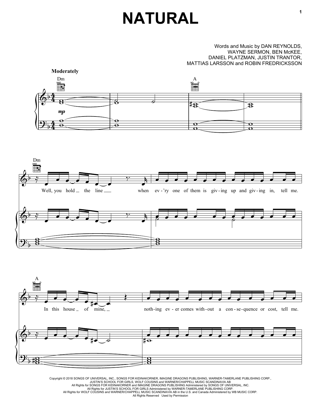 Imagine Dragons Natural sheet music notes and chords. Download Printable PDF.
