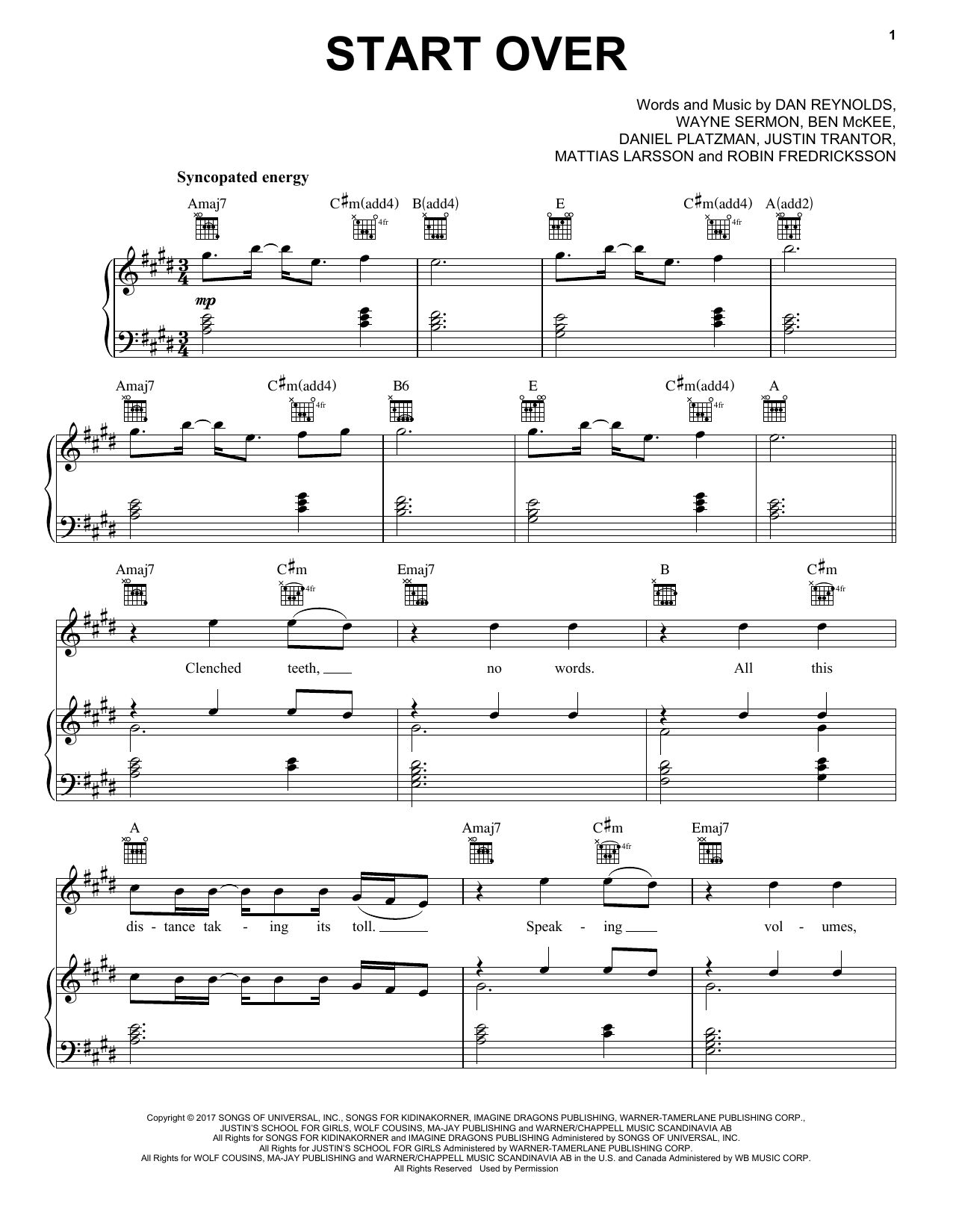 Imagine Dragons Start Over sheet music notes and chords. Download Printable PDF.