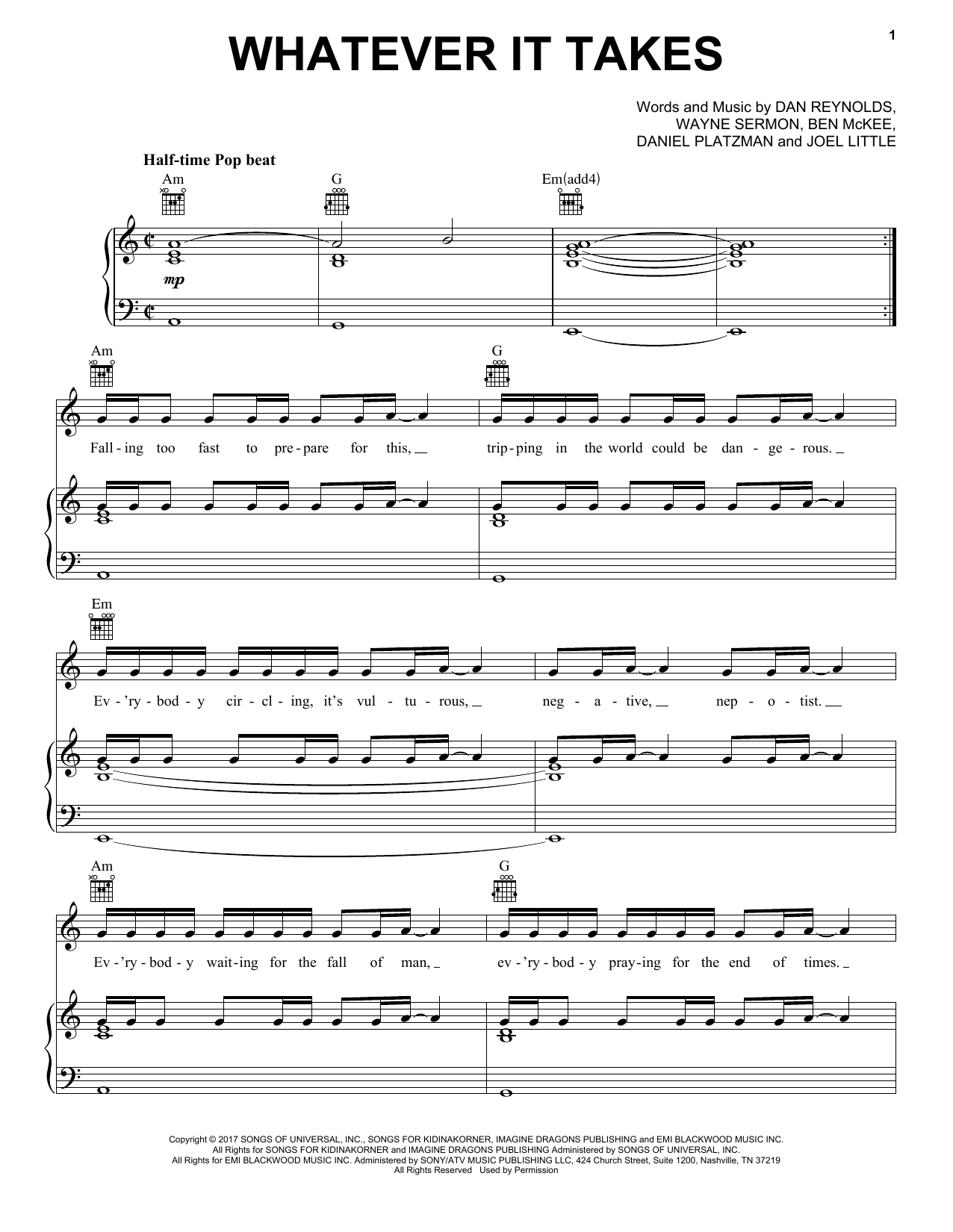 Imagine Dragons Whatever It Takes sheet music notes and chords. Download Printable PDF.