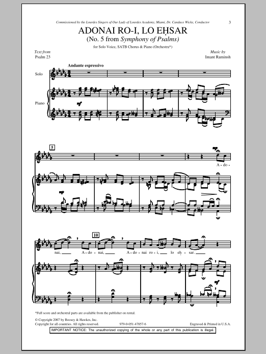 Learn to play Imant Raminsh Adonai Ro-i, Lo Ehsar sheet music for SATB Choir in minutes. Price: 3.9900$ Imant Raminsh Adonai Ro-i, Lo Ehsar sheet music notes and chords arranged for SATB Choir