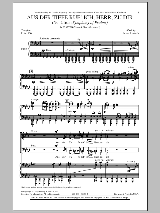Learn to play Imant Raminsh Aus Der Tiefe Ruf' Ich, Herr, Zu Dir sheet music for SATB Choir in minutes. Price: 3.9900$ Imant Raminsh Aus Der Tiefe Ruf' Ich, Herr, Zu Dir sheet music notes and chords arranged for SATB Choir