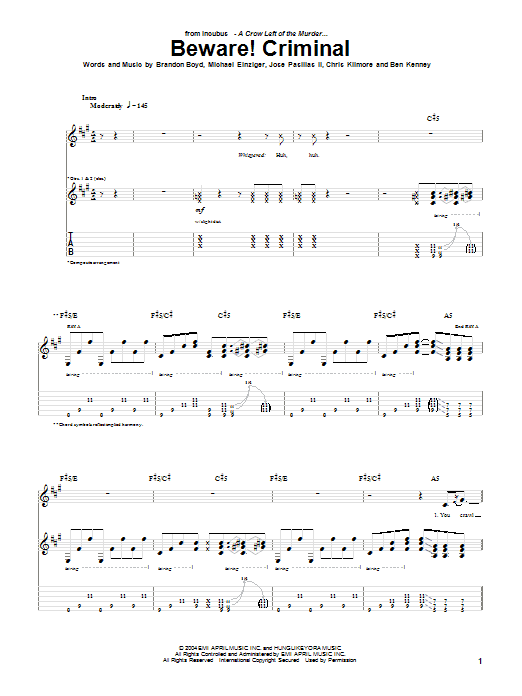 Incubus Beware! Criminal sheet music notes and chords. Download Printable PDF.