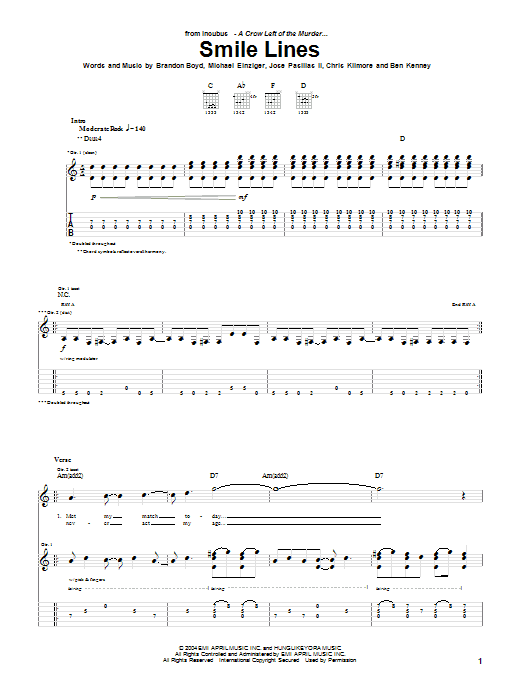 Incubus Smile Lines sheet music notes and chords. Download Printable PDF.