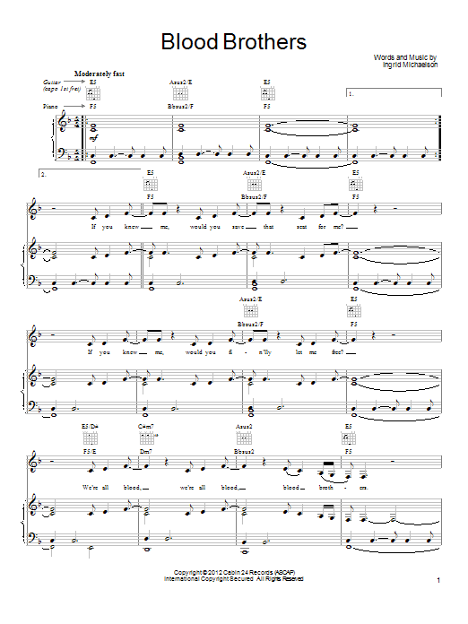 Ingrid Michaelson Blood Brothers sheet music notes and chords. Download Printable PDF.