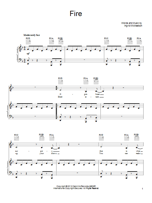 Ingrid Michaelson Fire sheet music notes and chords. Download Printable PDF.