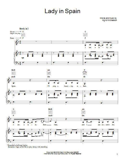 Ingrid Michaelson Lady In Spain sheet music notes and chords. Download Printable PDF.