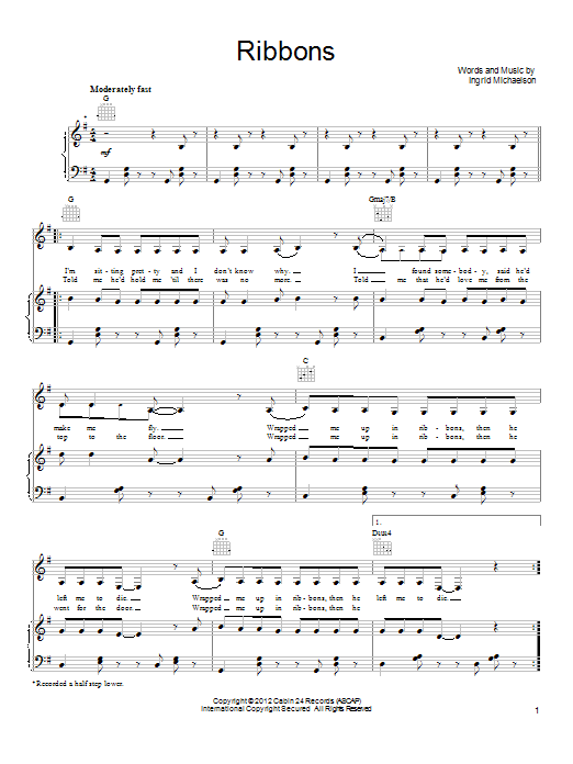 Ingrid Michaelson Ribbons sheet music notes and chords. Download Printable PDF.