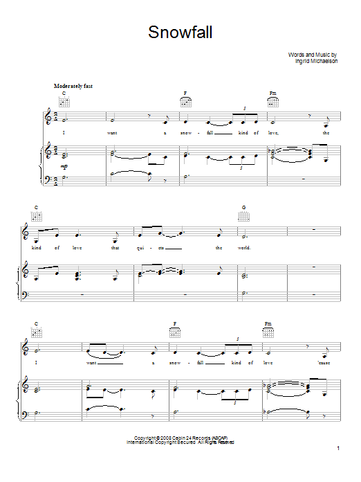 Ingrid Michaelson Snowfall sheet music notes and chords. Download Printable PDF.