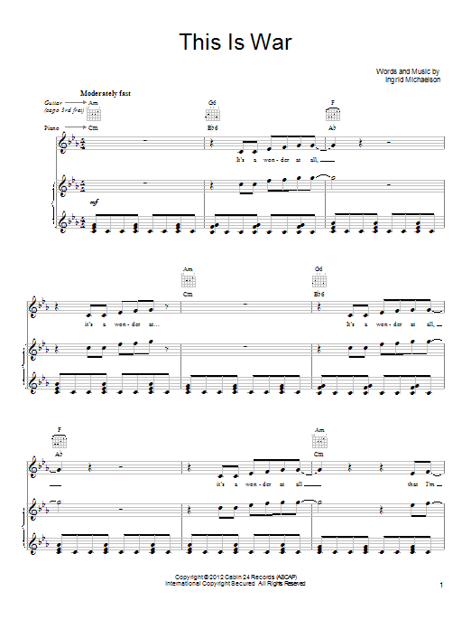 Ingrid Michaelson This Is War sheet music notes and chords. Download Printable PDF.