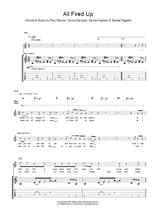 Interpol All Fired Up sheet music notes and chords. Download Printable PDF.