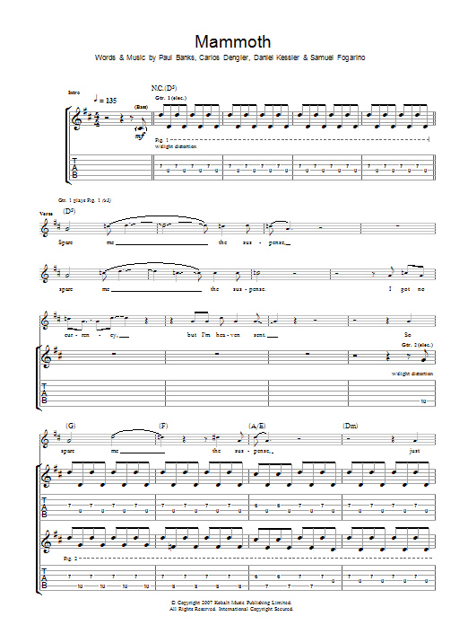 Interpol Mammoth sheet music notes and chords. Download Printable PDF.