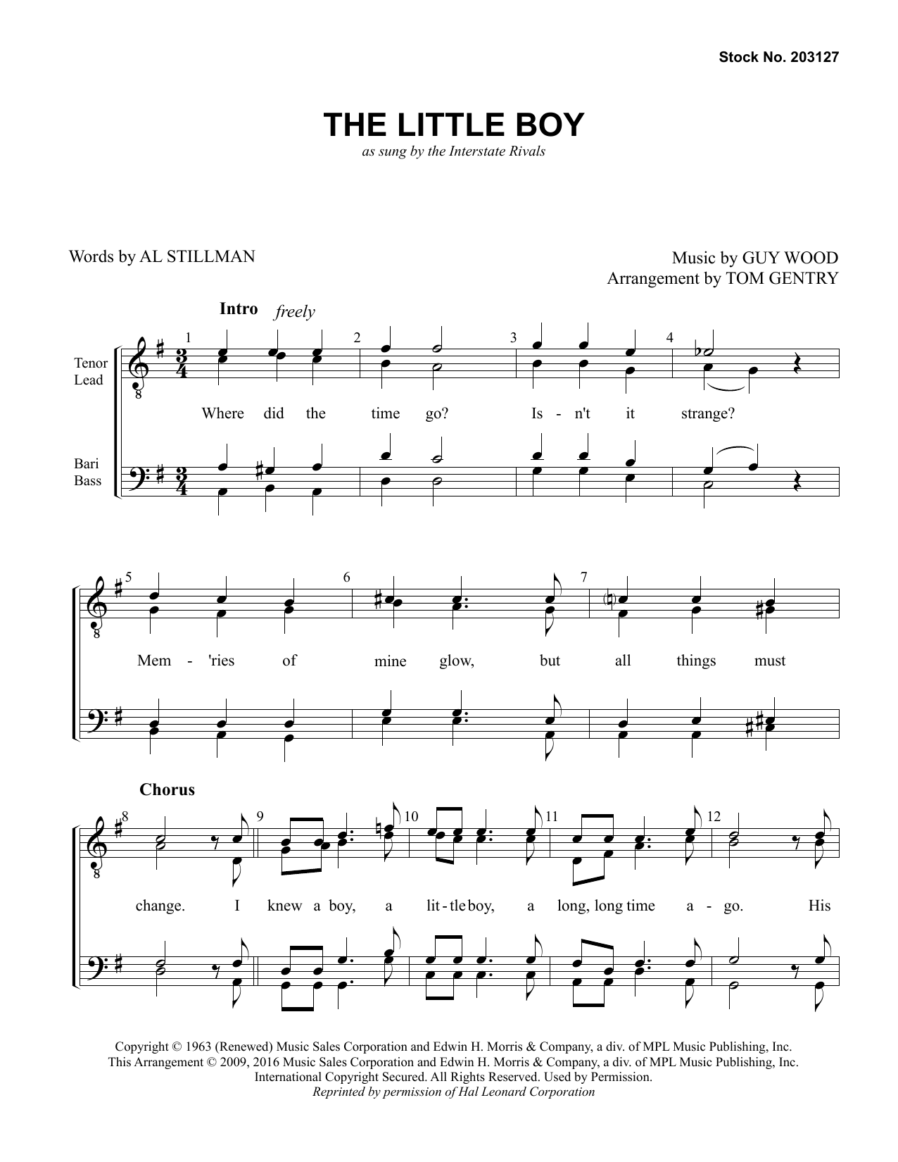 Learn to play Interstate Rivals The Little Boy (arr. Tom Gentry) sheet music for TTBB Choir in minutes. Price: 3.9900$ Interstate Rivals The Little Boy (arr. Tom Gentry) sheet music notes and chords arranged for TTBB Choir