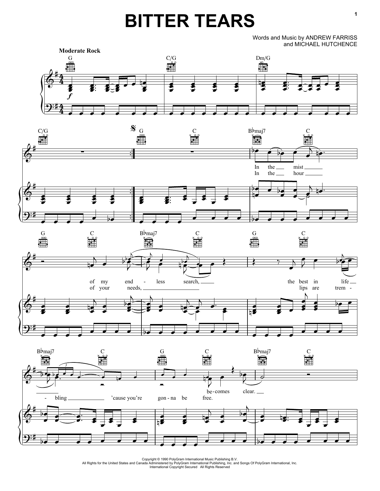 INXS Bitter Tears sheet music notes and chords. Download Printable PDF.