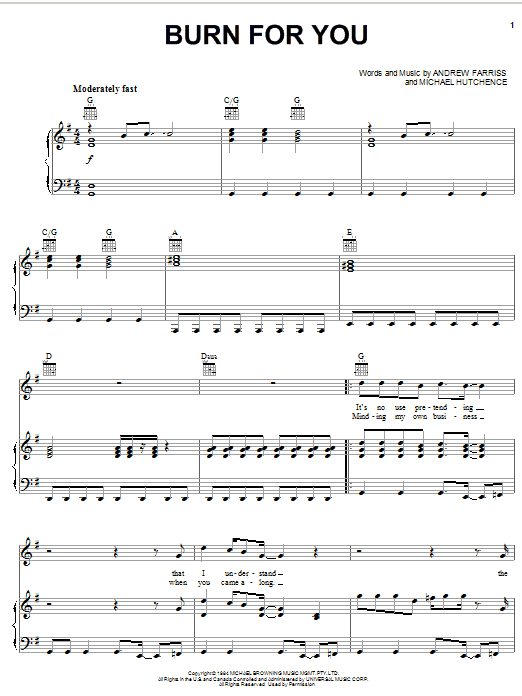 INXS Burn For You sheet music notes and chords. Download Printable PDF.