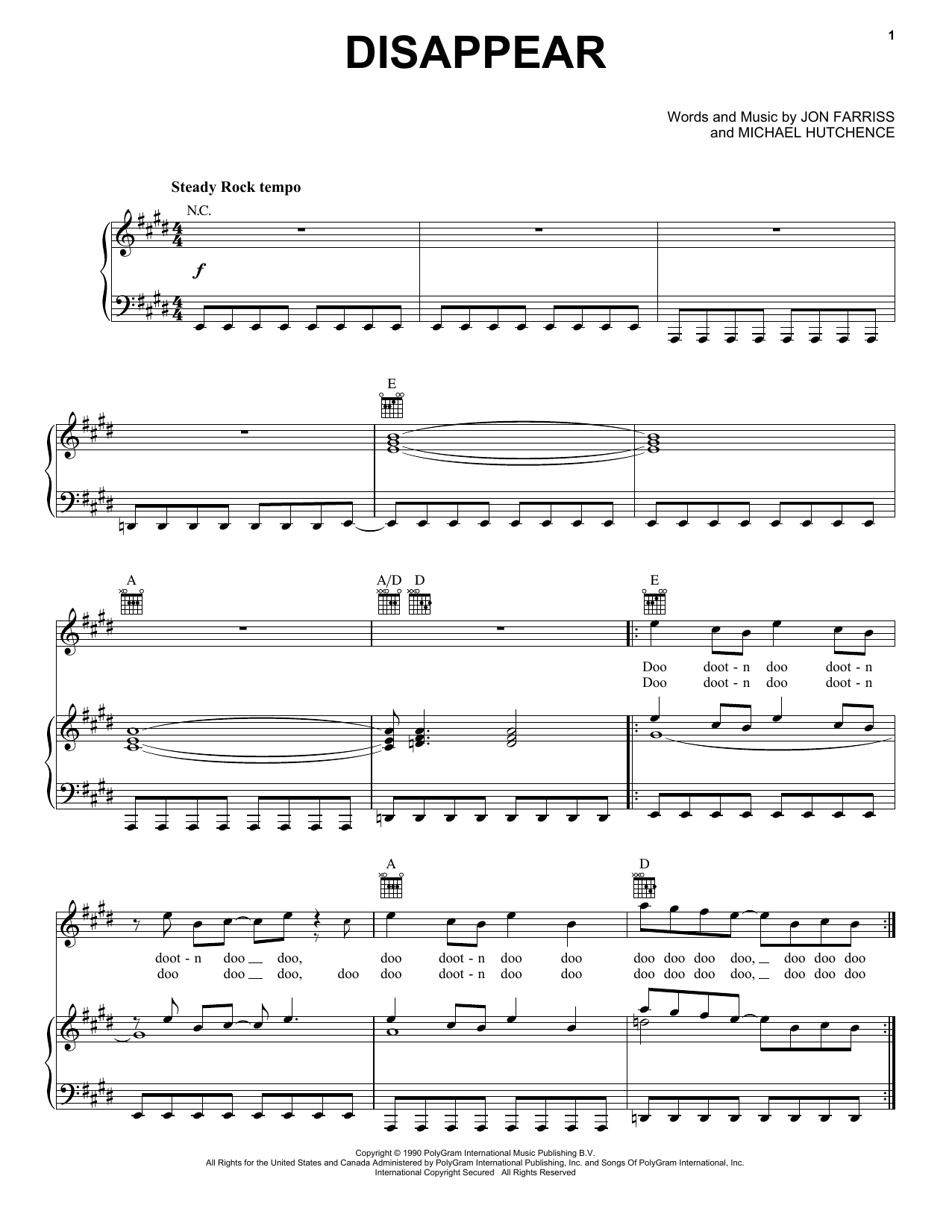 INXS Disappear sheet music notes and chords. Download Printable PDF.