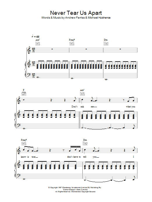 Learn to play INXS Never Tear Us Apart sheet music for Easy Piano in minutes. INXS Never Tear Us Apart sheet music notes and chords. Download Printable PDF.