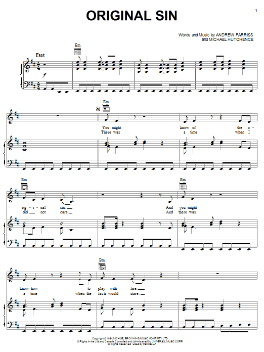 INXS Original Sin sheet music notes and chords. Download Printable PDF.