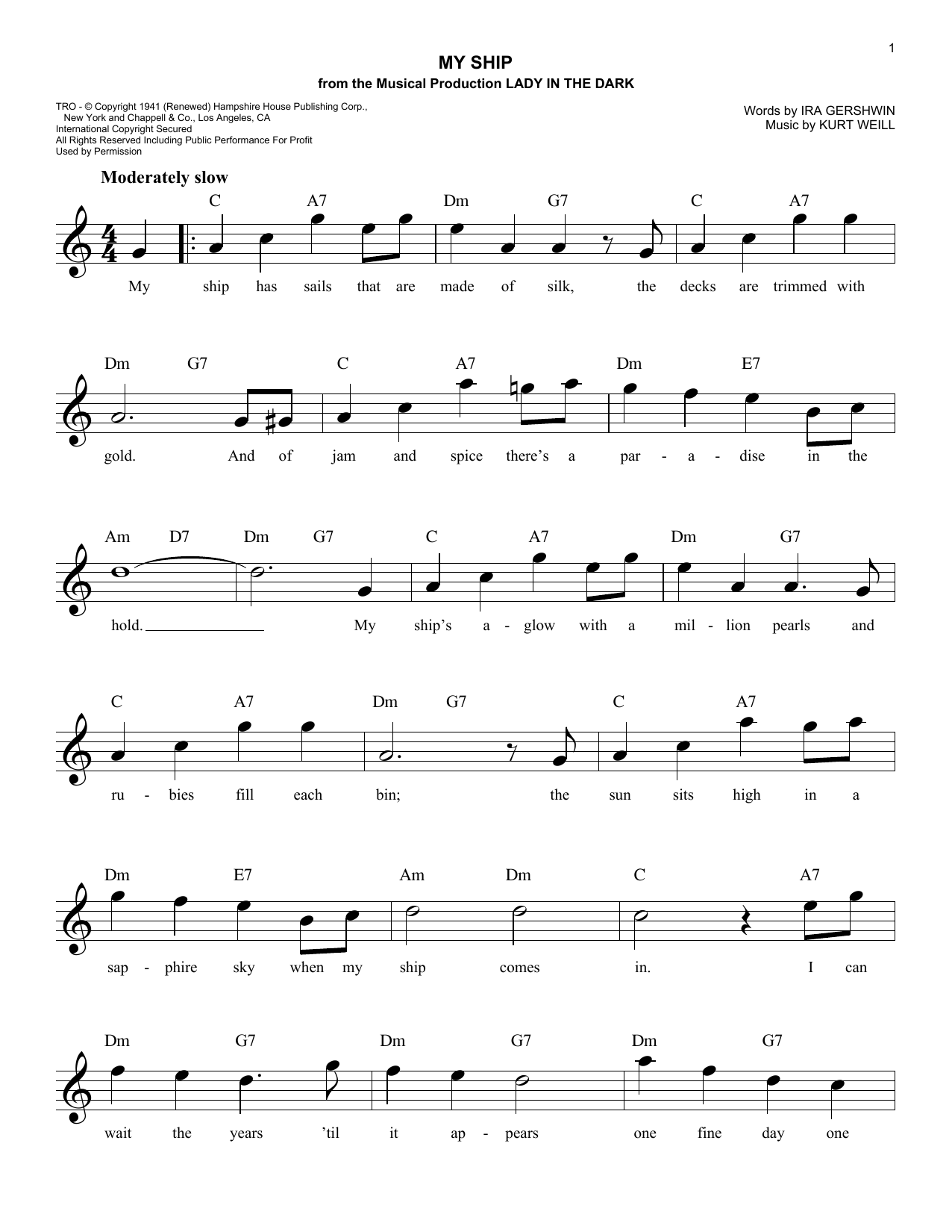 Ira Gershwin My Ship sheet music notes and chords. Download Printable PDF.