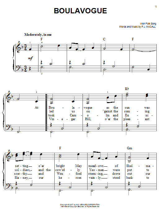 Learn to play Irish Folksong Boulavogue sheet music for Easy Piano in minutes. Price: 6.9900$ Irish Folksong Boulavogue sheet music notes and chords arranged for Easy Piano