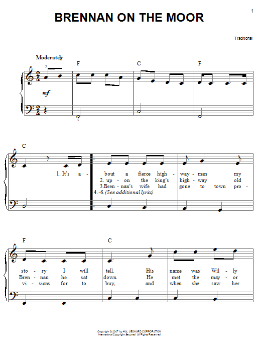 Learn to play Irish Folksong Brennan On The Moor sheet music for Easy Piano in minutes. Price: 6.9900$ Irish Folksong Brennan On The Moor sheet music notes and chords arranged for Easy Piano