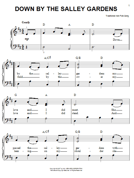 Irish Folksong Down By The Sally Gardens sheet music notes and chords. Download Printable PDF.