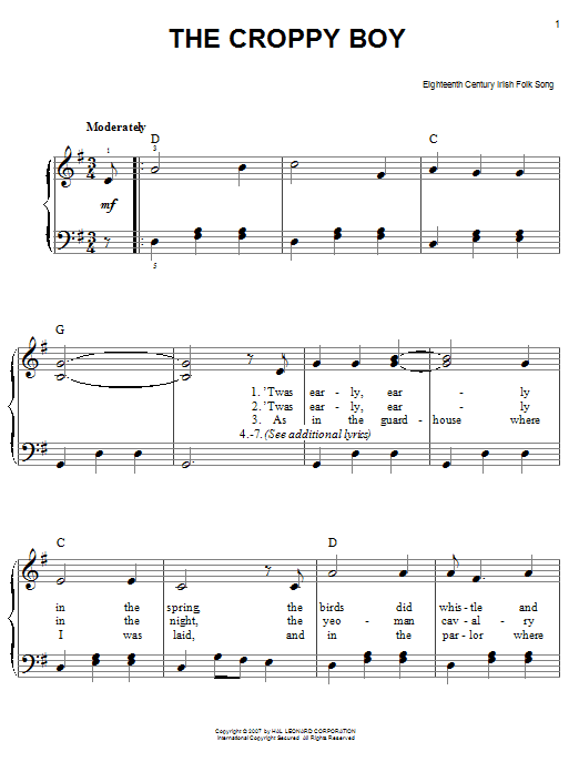 Learn to play Irish Folksong The Croppy Boy sheet music for Easy Piano in minutes. Price: 6.9900$ Irish Folksong The Croppy Boy sheet music notes and chords arranged for Easy Piano