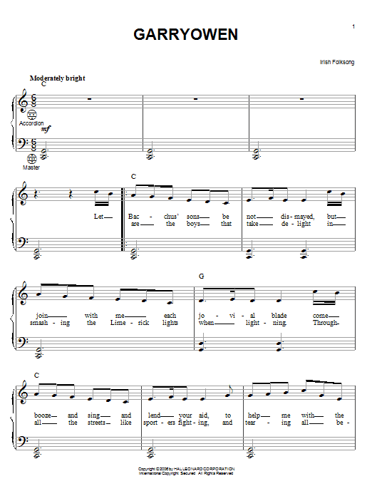 Irish Folksong Garryowen sheet music notes and chords. Download Printable PDF.