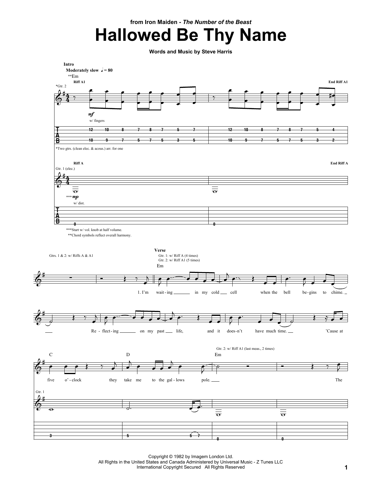 Iron Maiden Hallowed Be Thy Name sheet music notes and chords. Download Printable PDF.