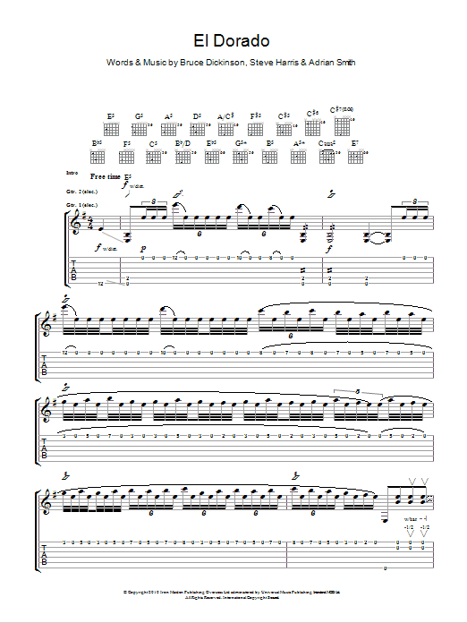 Learn to play Iron Maiden El Dorado sheet music for Guitar Tab in minutes. Iron Maiden El Dorado sheet music notes and chords. Download Printable PDF.