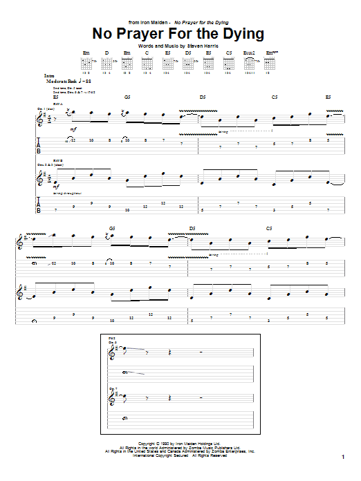 Learn to play Iron Maiden No Prayer For The Dying sheet music for Bass Guitar Tab in minutes. Price: 7.8900$ Iron Maiden No Prayer For The Dying sheet music notes and chords arranged for Bass Guitar Tab