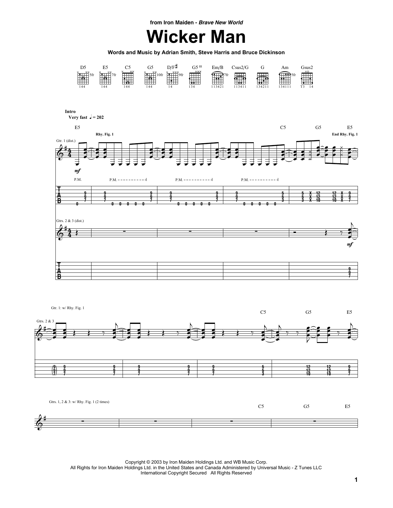 Iron Maiden Wicker Man sheet music notes and chords. Download Printable PDF.