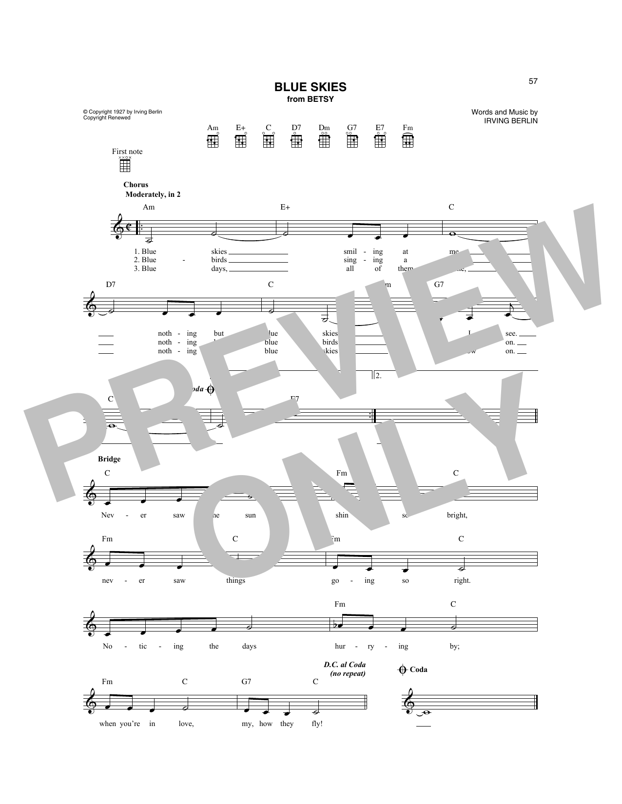 Irving Berlin Blue Skies sheet music notes and chords. Download Printable PDF.