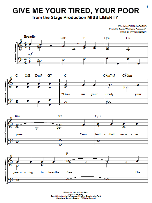 Irving Berlin Give Me Your Tired, Your Poor sheet music notes and chords. Download Printable PDF.