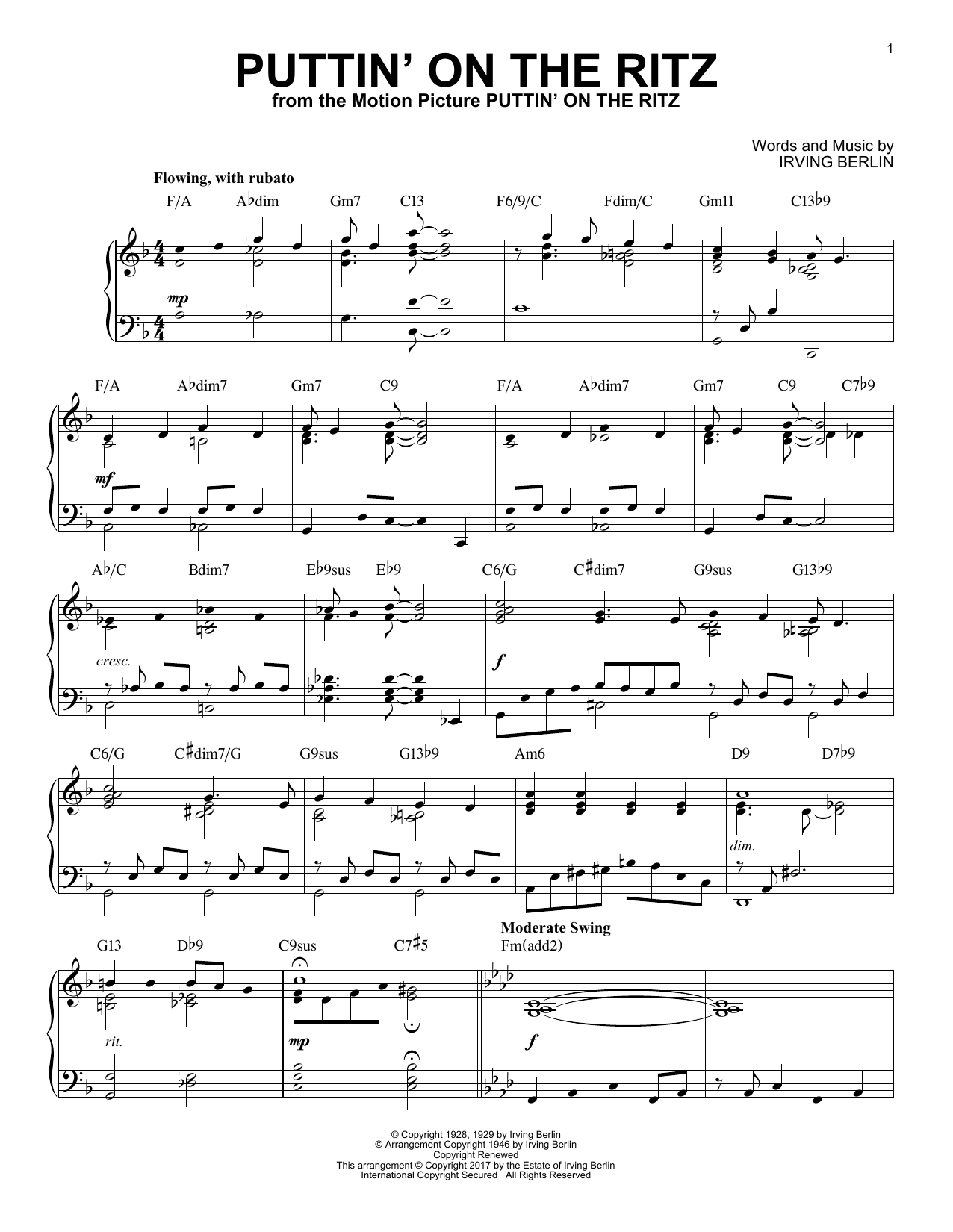 Irving Berlin Puttin On The Ritz Jazz Version Sheet Music For Piano Solo Download Pdf 