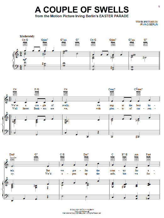 Learn to play Irving Berlin A Couple Of Swells sheet music for Easy Lead Sheet / Fake Book in minutes. Price: 5.9900$ Irving Berlin A Couple Of Swells sheet music notes and chords arranged for Easy Lead Sheet / Fake Book
