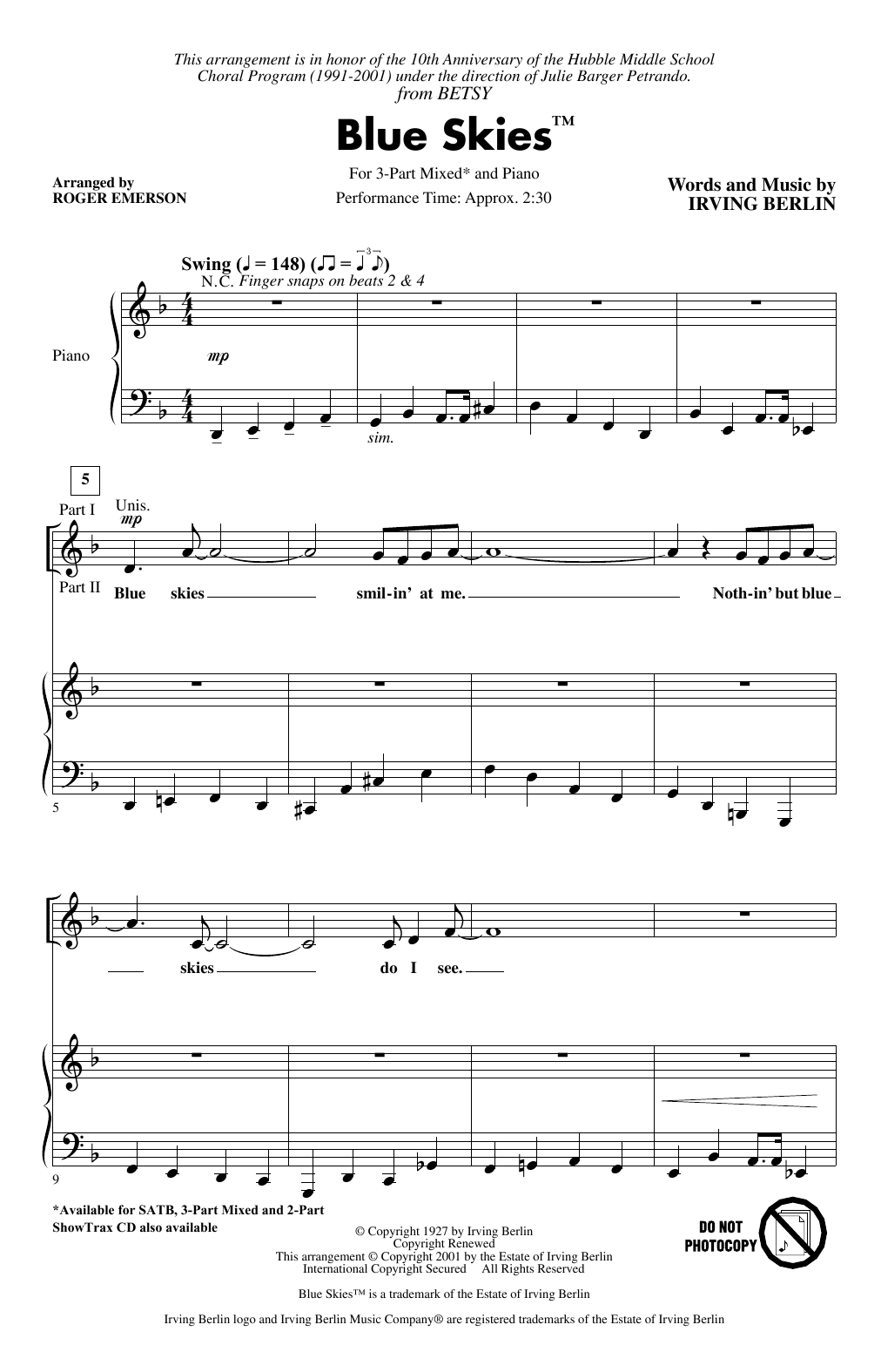 Irving Berlin Blue Skies Arr Roger Emerson Sheet Music Pdf Notes Chords Jazz Score 3