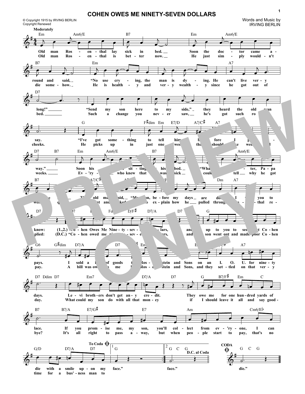 Irving Berlin Cohen Owes Me Ninety-Seven Dollars sheet music notes and chords arranged for Lead Sheet / Fake Book