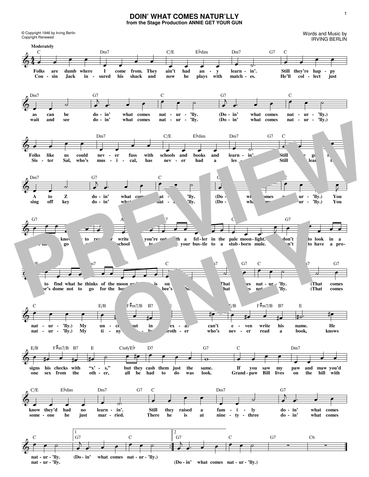 Irving Berlin Doin' What Comes Natur'lly sheet music notes and chords arranged for Lead Sheet / Fake Book
