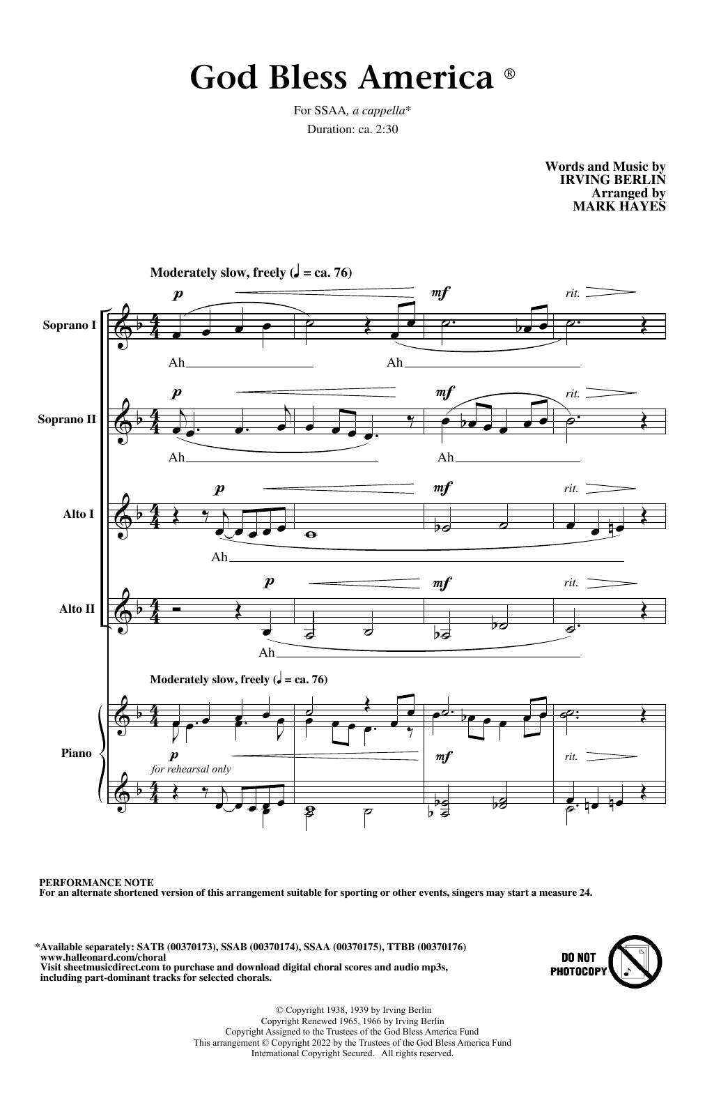 Learn to play Irving Berlin God Bless America (arr. Mark Hayes) sheet music for TTBB Choir in minutes. Price: 3.9900$ Irving Berlin God Bless America (arr. Mark Hayes) sheet music notes and chords arranged for TTBB Choir