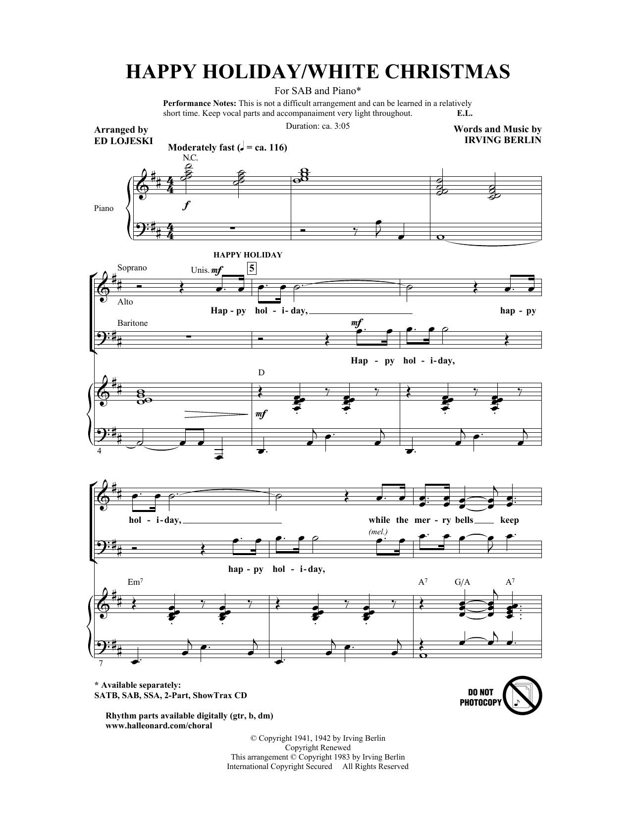 Learn to play Irving Berlin Happy Holiday (arr. Ed Lojeski) sheet music for 2-Part Choir in minutes. Price: 3.9900$ Irving Berlin Happy Holiday (arr. Ed Lojeski) sheet music notes and chords arranged for 2-Part Choir